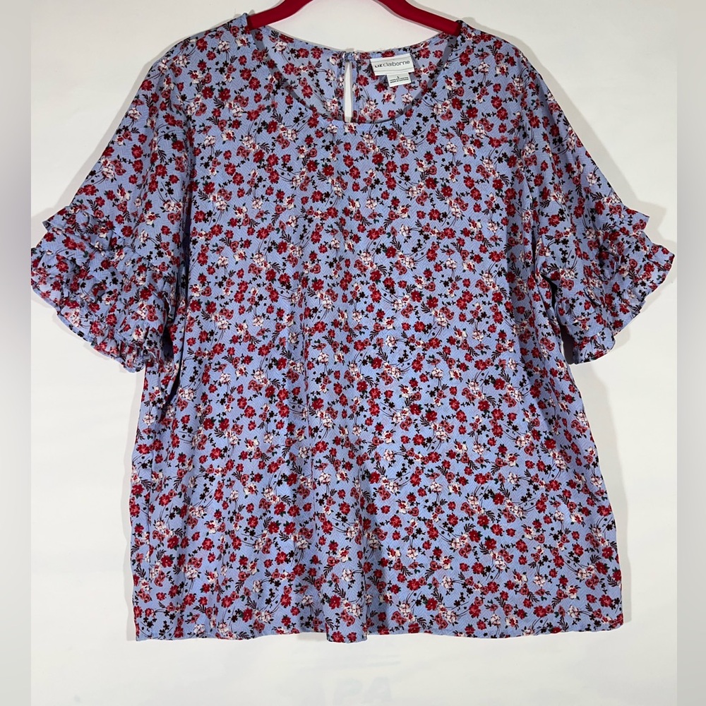 Liz Claiborne Floral Blouse Women L Multicolor Ruffled Bell Sleeves Flowy Dressy
